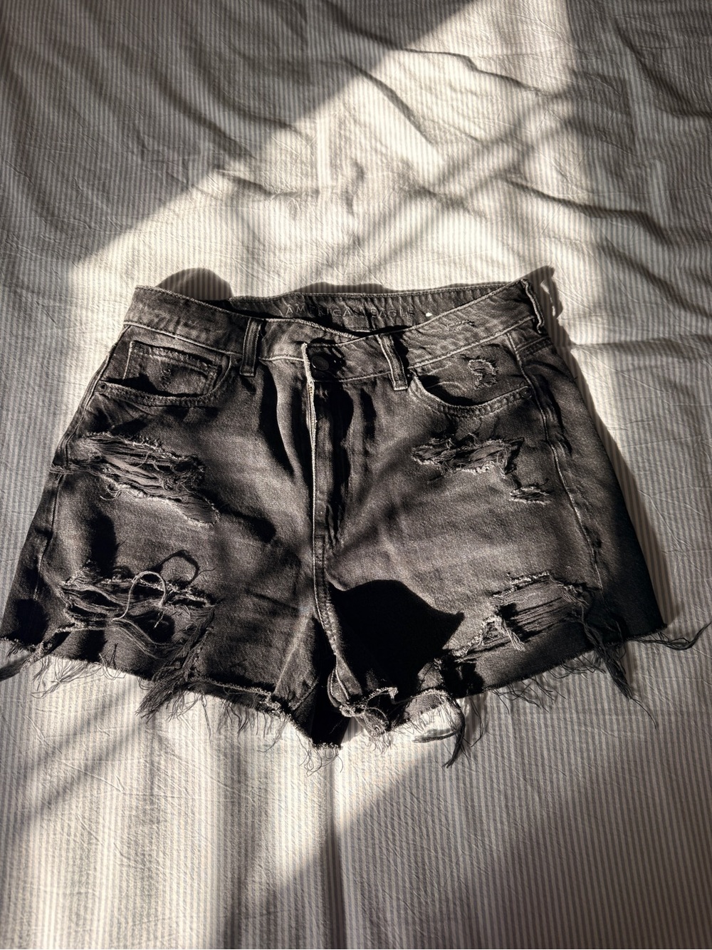 American Eagle Outfitters Black Distressed High-Rise Denim Shorts